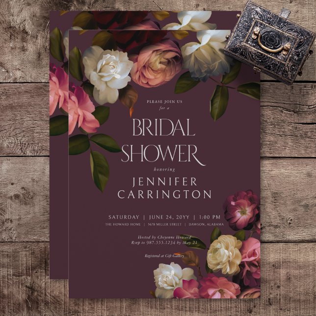 Invitación Oscuro Moody Burgundy y Cream Peonies Bridal Showe (Dark Moody Pink Burgundy & Cream Peonies Bridal Shower Invitation)