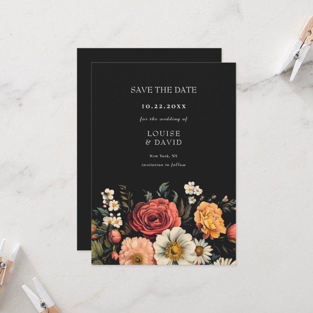 Invitación Oscuro Moody Elegant Floral Wedding Save the Date (Anverso/Reverso In Situ)