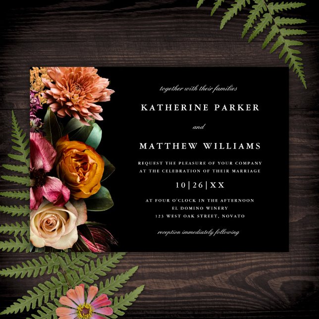 Invitación Oscuro + Moody Elegante Boda Floral Negro (Subido por el creador)