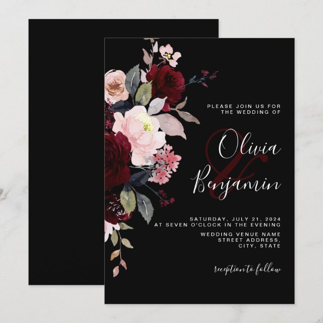 Invitación Oscuro Moody Elegante floral negro Boda de Borgoña (Anverso / Reverso)