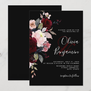 Invitación Oscuro Moody Elegante floral negro Boda de Borgoña