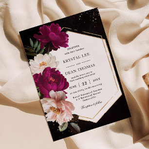 Invitación Oscuro Moody Fuchsia Rubor Peonies Boda Floral