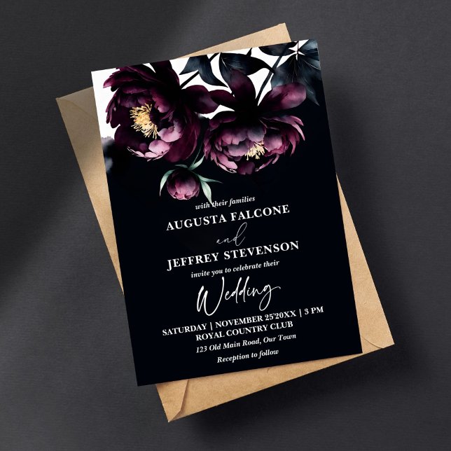Invitación Oscuro moody noir elegante todo en un boda (Dark moody noir peonies elegant all in one wedding editable template invitation digital download )
