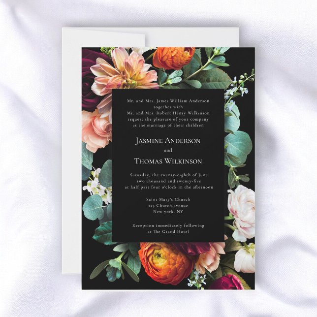 Invitación Oscuro moody romántico holandés floral tradicional (traditional text where both parents help , moody romantic dutch florals wedding invitation)