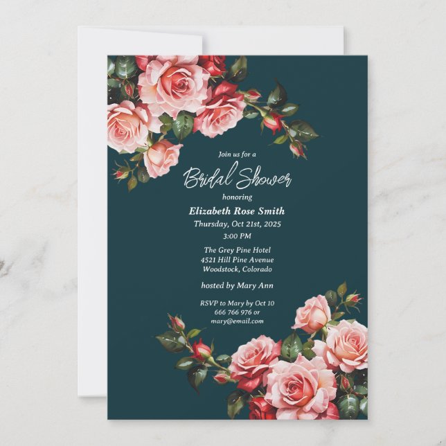 Invitación Oscuro moody rosa rosa y rosas rojas verde azulada (Anverso)