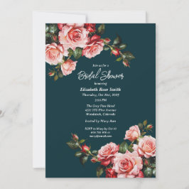 Invitación Oscuro moody rosa rosa y rosas rojas verde azulada
