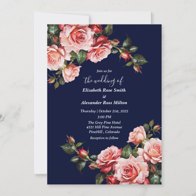 Invitación Oscuro moody rosa y rosas rojas azul marino boda (Anverso)