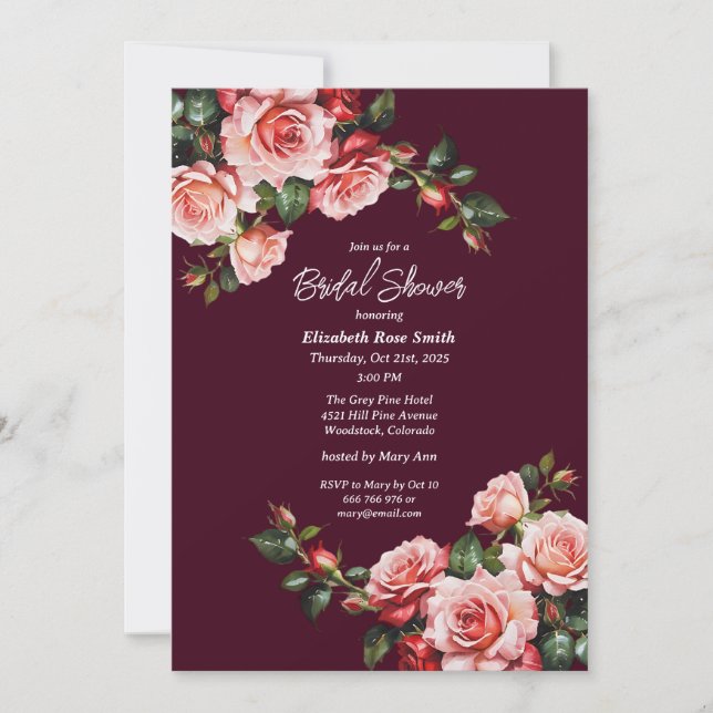 Invitación Oscuro moody rosa y rosas rojas burdeos boda (Anverso)