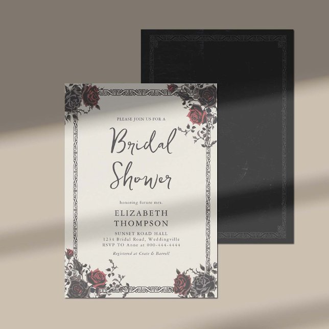 Invitación Oscuro Moody Rosas Góticos Negros  Británicos (dark and moody bridal shower ideas gothic frame vintage roses black red elegant classy stylish)