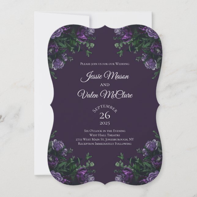 Invitación Oscuro Morado Floral Elegante Boda Gótica (Anverso)