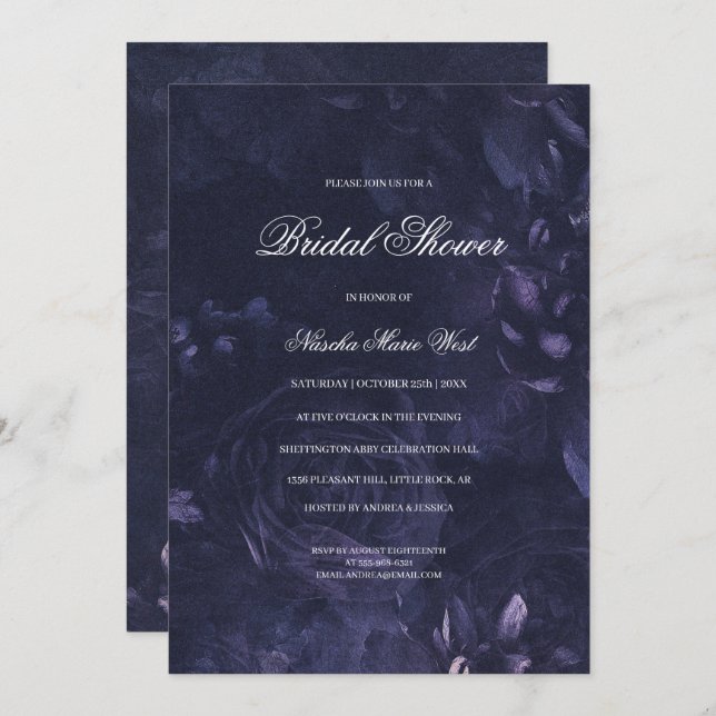 Invitación Oscuro Morado Gótico Boho Floral Bridal Shower (Anverso / Reverso)
