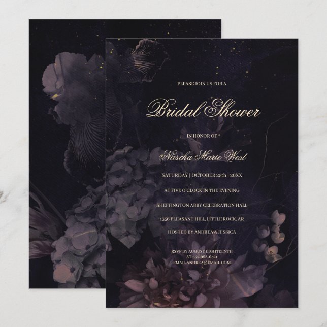 Invitación Oscuro Morado Gótico Boho Floral Bridal Shower (Anverso / Reverso)