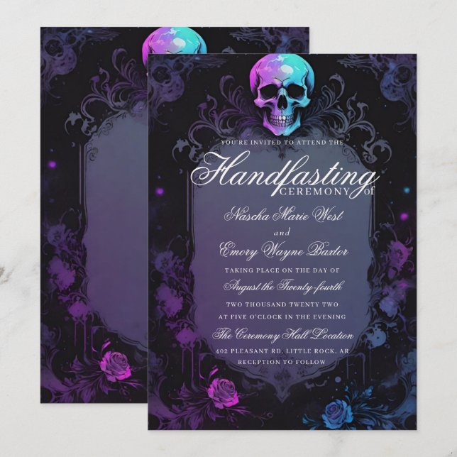 Invitación Oscuro Morado Gótico Luz Floral Calavera Ayuno (Anverso / Reverso)