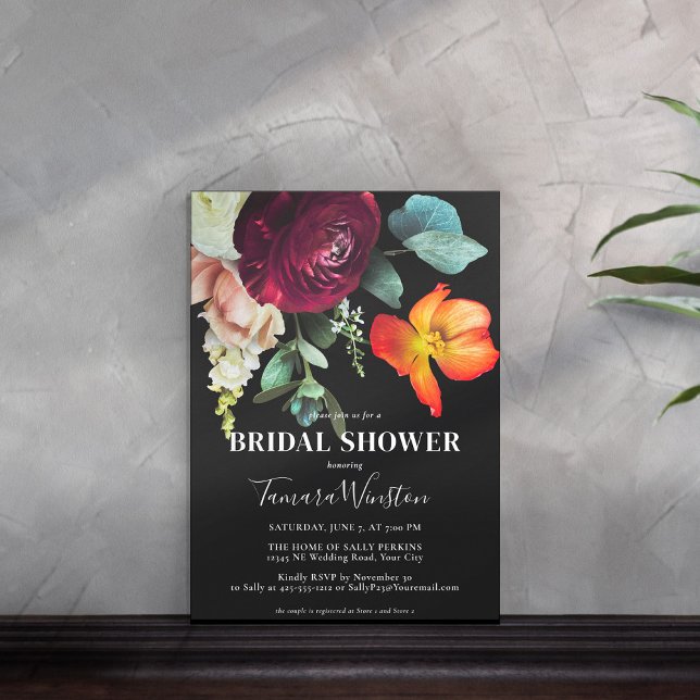 Invitación Oscuro Naranja de Borgoña Rubor Floral Black Showe (Subido por el creador)