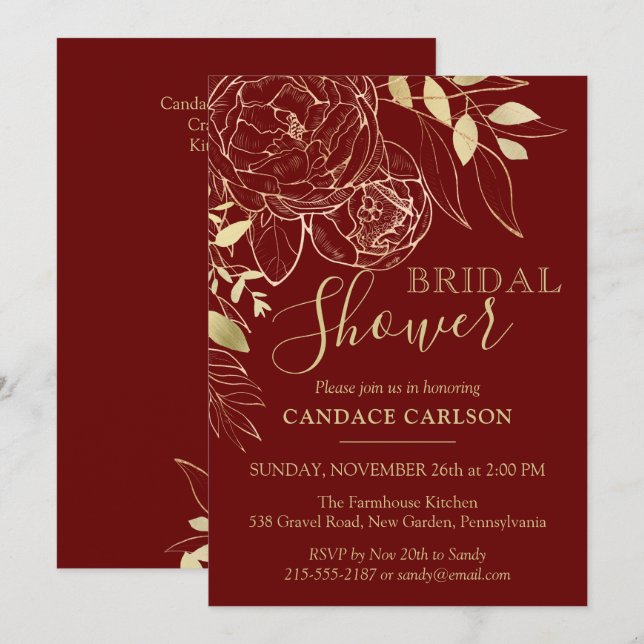 Invitación Oscuro Red & Gold Peony Moderno Floral Bridal Show (Anverso / Reverso)