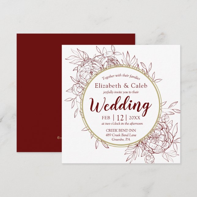 Invitación Oscuro Red & Oro Peony Boda moderno de toallas flo (Anverso / Reverso)