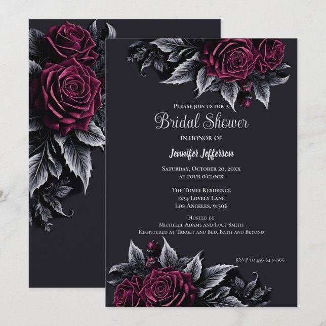 Invitación Oscuro Romántico Floral Gótica Bridal Shower (Anverso / Reverso)