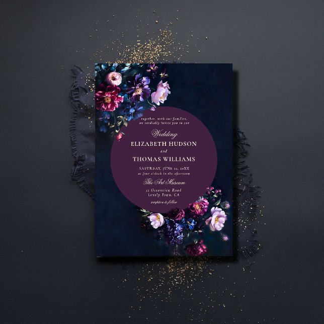 Invitación Oscuro romántico Moody Florals Jewel Mauve Boda (dark romantic wedding invitation jewel moody floral painting modern classic elegant formal)