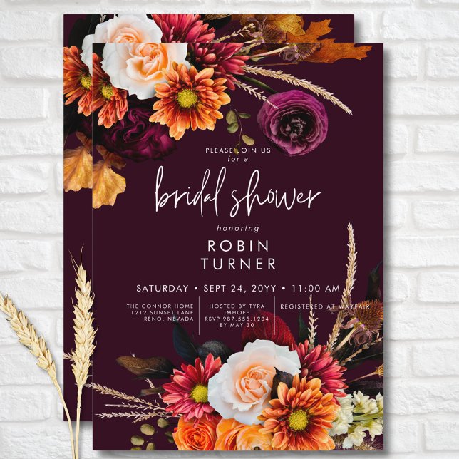 Invitación Oscuro Russet Boho Floral Burgundy Bridal Shower (Dark Russet Boho Floral Burgundy Bridal Shower Invitation)