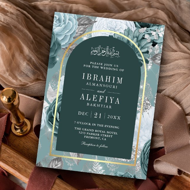 Invitación Oscuro Verde azulado Boda musulmán del Arco floral (Subido por el creador)