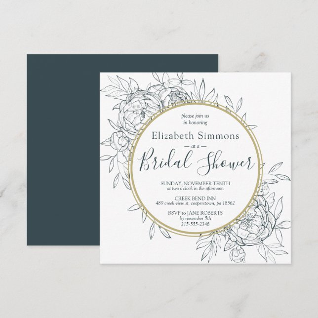 Invitación Oscuro Verde azulado Peony Floral Toile moderno du (Anverso / Reverso)