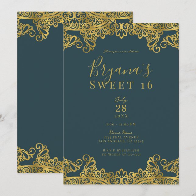 Invitación Oscuro Verde azulado y dorado encaje elegante dulc (Anverso / Reverso)