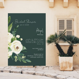 Invitación Oscuro Verde Elegante Floral Blanca Bridal Shower