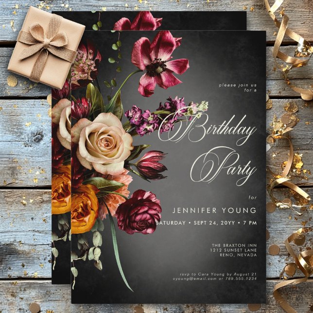 Invitación Oscuro y elegante cumpleaños floral de otoño (Dark Elegant Blur Autumn Floral Birthday Invitation)