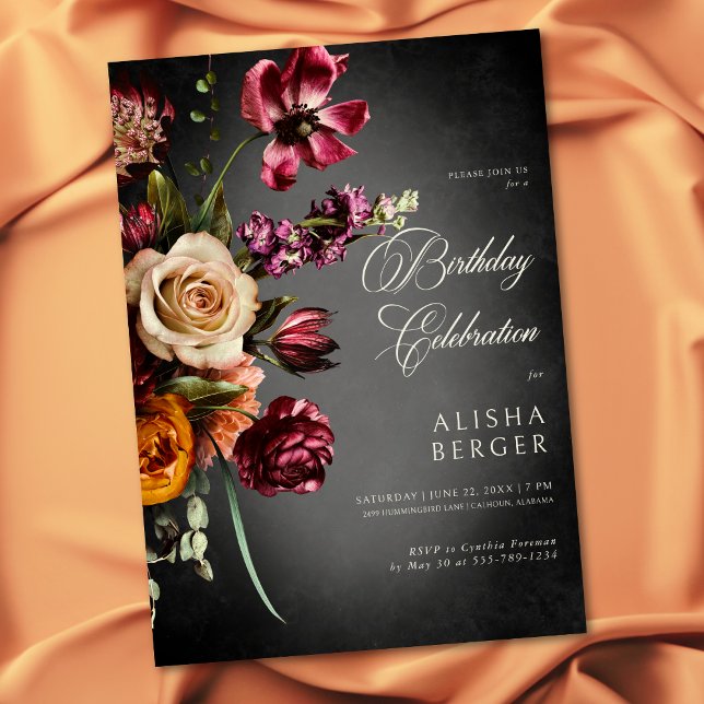 Invitación Oscuro y elegante cumpleaños floral de otoño (Dark Elegant Autumn Floral Birthday Invitation)