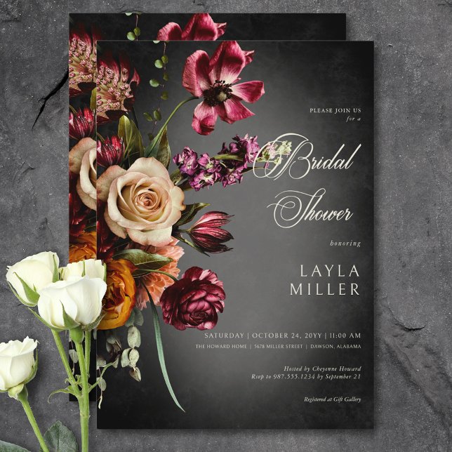 Invitación Oscuro y elegante ducha de novia floral de otoño (Dark Elegant Blur Autumn Floral Bridal Shower Invitation)