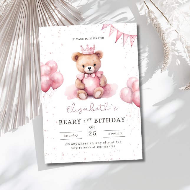 Invitación Osita Princesa Teddy cumple 1 año Rosa Niñas (Subido por el creador)