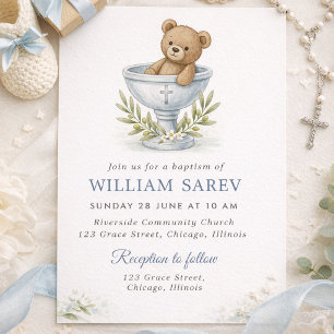 Invitación Osito Adorable con Cruz de Rama de Olivo Bautizo N