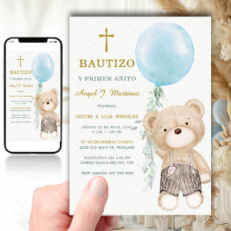 Invitación Osito Azul Bautizo Y Primer Anito Niño