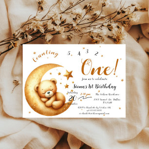 Invitación Osito Bebé Dormido En La Luna 1er Cumpleaños