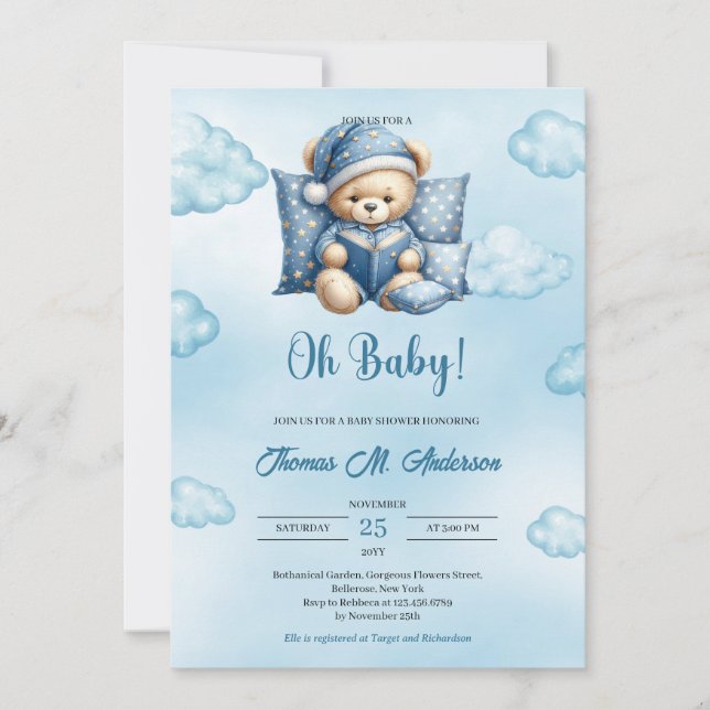 Invitación Osito bebé lindo leyendo un libro de un niño Baby  (Anverso)