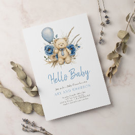 Invitación Osito Boho Teddy Bear Azul Esperando al Bebé