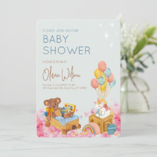 Invitación Osito de acuarela con globo Oh Baby Shower