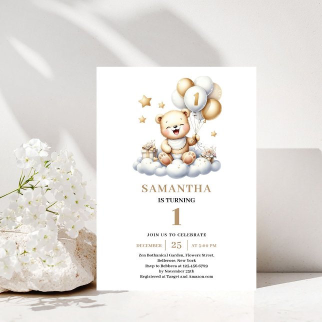 Invitación Osito de Cumpleaños 1er Cumpleaños Teddy Bear Glob (Cute 10th Birthday Teddy Bear Gold Ivory Balloons)