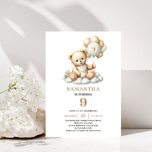Invitación Osito de Cumpleaños Encantador Globos Dorados para