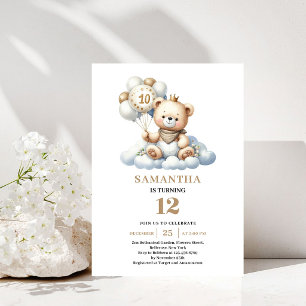 Invitación Osito de cumpleaños lindo número 10 Globos dorados