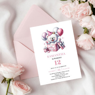 Invitación Osito de Cumpleaños Niña Adorable Globos Rosados
