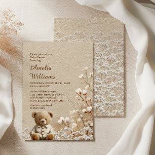 Invitación Osito de invierno Baby Shower Flores de algodón