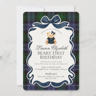 Invitación Osito de lazo Coquette Preppy para primer cumpleañ