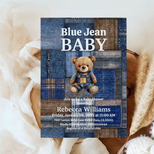 Invitación Osito de mezclilla de patchwork juguete azul bebé  (Subido por el creador)