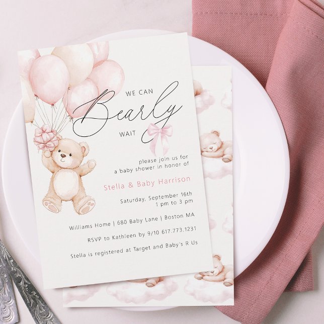 Invitación Osito de peluche a duras penas espera Chica Duche  (Bearly Wait Teddy Bear Girl Baby Shower Invitation)