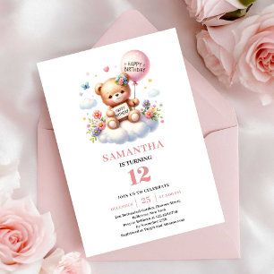 Invitación Osito de peluche adorable globo niña cumpleaños fl