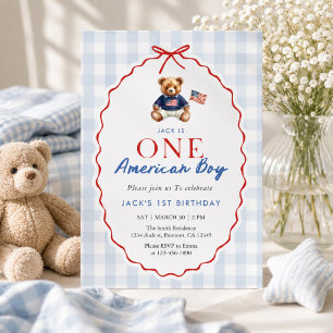 Invitación Osito de peluche americano elegante azul a cuadros