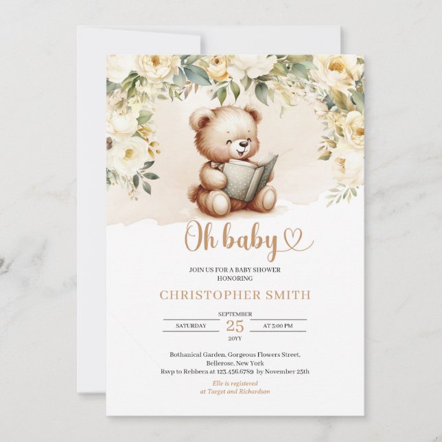 Invitación Osito de peluche Boho leyendo un libro verde y mar (Anverso)