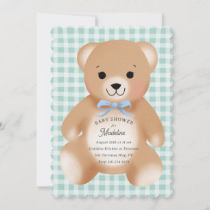 Invitación Osito de peluche con lazo de gingham azul Sage