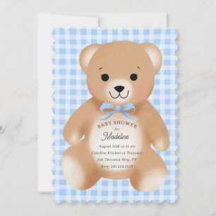 Invitación Osito de peluche con lazo de tela a cuadros azul